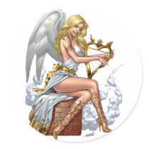 Blonde Angel with Golden Heart-shaped Harp - Al Ri Round Sticker