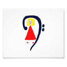 Blonde female blue bass clef red dress photo