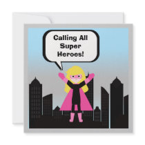 Blonde Hair Girl Super Hero Birthday Invitation