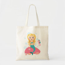 Blonde mermaid cartoon girl with starfish seahorse canvas bag