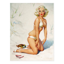 Blonde on Sand Pin Up Postcard