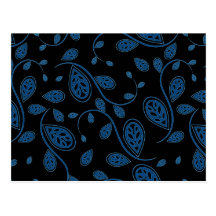 Blue Abstract Vine Pattern on Black Postcards