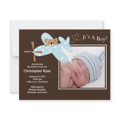 Blue Airplane Baby Boy Birth Annoucement Announcements by celebrateitinvites