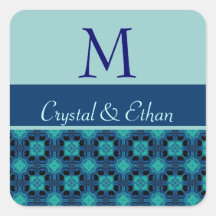 Blue and Aqua Art Deco Wedding Monogram Square Sticker