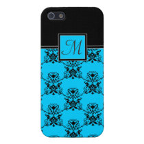 Blue and Black Damask Print Custom Monogram iphone cases