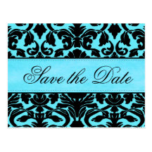 Blue and Black Damask Save the Date Card Postcards