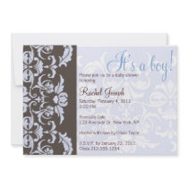Blue and Brown Damask Baby Shower Invitation