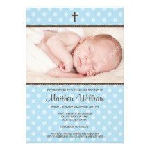 Blue and Brown Polka Dot Cross Boy Photo Baptism Personalized Announcement