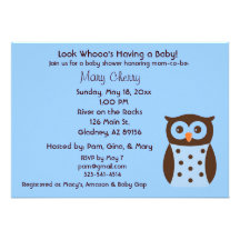 Blue and Brown Polka Dotted Owl Baby Shower Invite