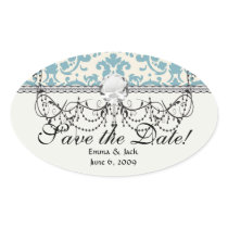 blue and cream damask flourish pattern oval stickers