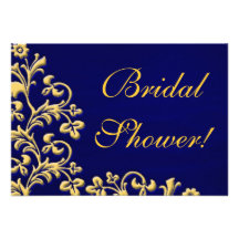 Blue and gold brocade bridal shower custom invitations