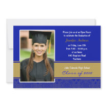 Blue and Gold Damask Graduation Party Invitation