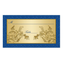 Blue and Gold Floral Damask Placecards Business Card Template