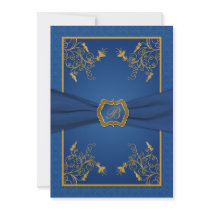 Blue and Gold Floral Monogram Wedding Invitation