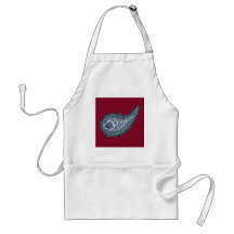 Blue and grey lotus paisley, red background apron