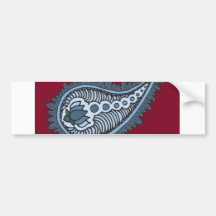 Blue and grey lotus paisley, red background bumper sticker