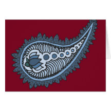 Blue and grey lotus paisley, red background greeting card
