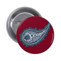 Blue and grey lotus paisley, red background pin