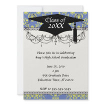 blue and lime green elegant damask graduation invitations