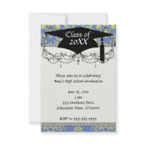 blue and lime green elegant damask graduation invitations