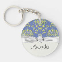 blue and lime green elegant damask round acrylic keychains