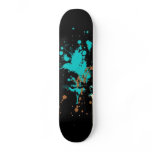 blue and orange paint splatter skate board