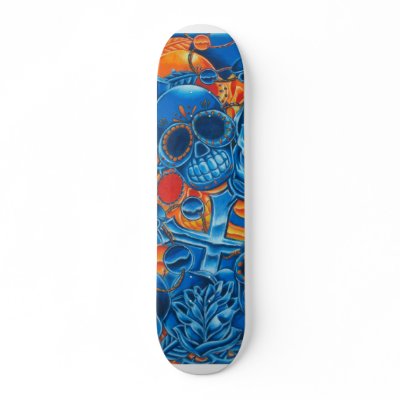 Blue and Orange Skulls Skateboard by JesseDeering
