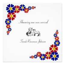 Blue and red retro flowers baby shower invitation