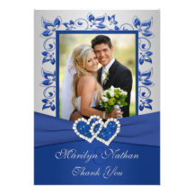 Blue and Silver Joined Hearts Photo Thank You Card Custom Invitations