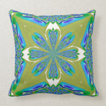Blue and White Flower on Pea Green American MoJo P Throw Pillows