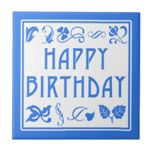 Blue and White Happy Birthday Arts and Crafts Tile