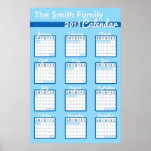 Blue and White Large Wall Calendar Poster