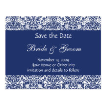 Blue and White Personalized Damask Save the Date Postcards