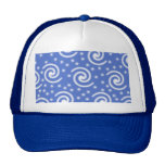 Blue and white swirls and dots pattern. hats