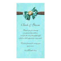 Blue aqua brown gem bow floral personalized photo card