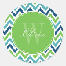 Blue Aqua Green Zigzag Ikat Pattern Monogram Round Sticker