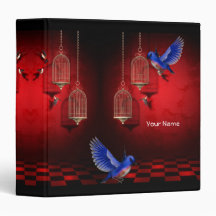 Blue Birds on Red Black Gold Cages 3 Ring Binder