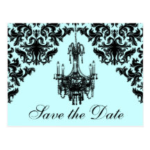 Blue, Black Chandelier Damask Save the Date Card Postcards