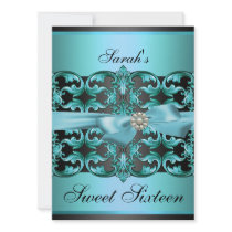 Blue/Black Damask & Bow Sweet16 Birthday Invite