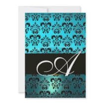 BLUE BLACK  DAMASK MONOGRAM ,bright white turquase Custom Invitation