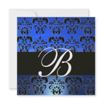 BLUE BLACK  DAMASK MONOGRAM , white Invite