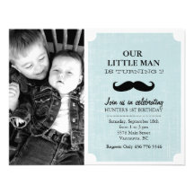 Blue & Black Mustache Photo First Birthday Invite