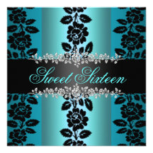 Blue & Black Rose Sweet 16 Birthday Invite