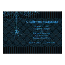 Blue & Black Spider Damask Halloween Invitations