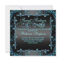 Blue/Black Sweet Sixteen Swirl Birthday Invite