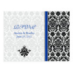 Blue, Black, White Damask RSVP Postcard