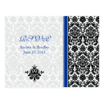 Blue, Black, White Damask RSVP Postcard