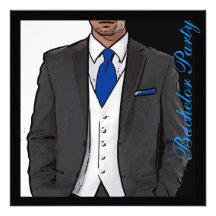 Blue black white tuxedo bachelor party invitations