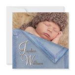 Blue Blanket Brown Boy Photo Birth Announcement invitations