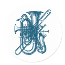 Blue Brass & Sax Round Stickers